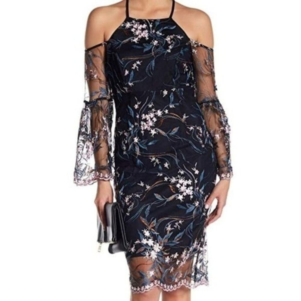 Nanette Lepore Navy Floral Embroidered Mesh Bell Sleeve Midi Party Formal Dress